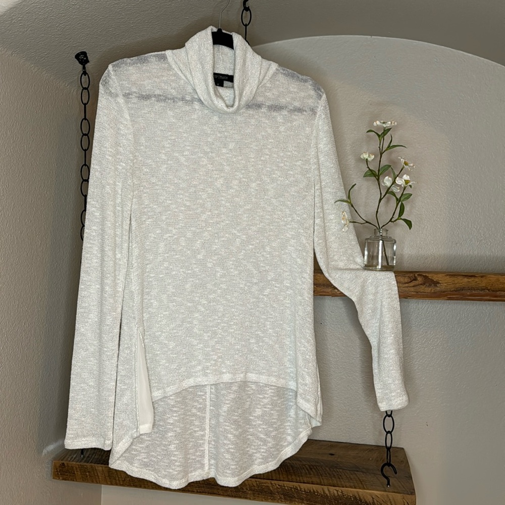 WHBM Long sleeve turtleneck, high-low hem, white with subtle silver metallic, M